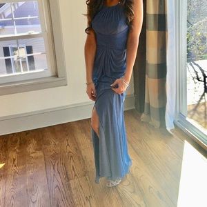 Beautiful steal blue wedding guest dress